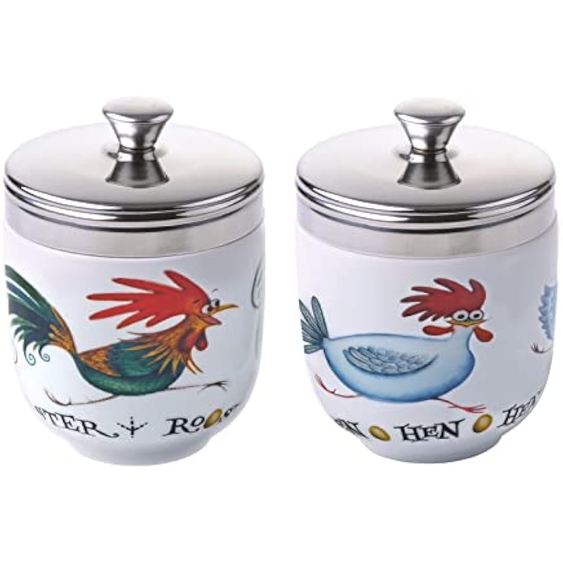 BIA International - Set Of 2 Porcelain Egg Coddlers - Chasing Chickens Design By Clare Mackie - Egg Boiler Kitchen Gadgets - Sous Vide Cooking Pot