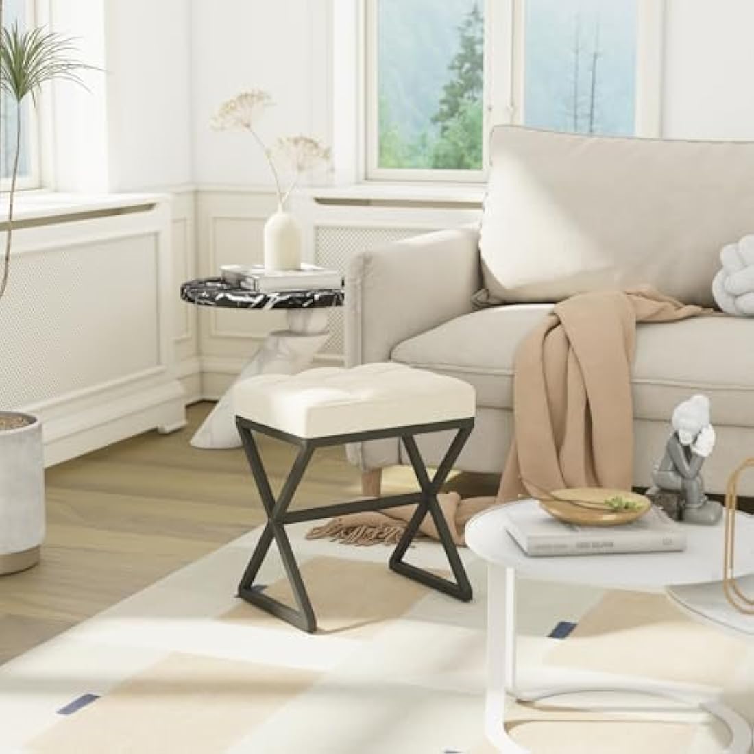 YMYNY Vanity Stool, Linen Footrest Stool, Square Ottoman Bench with X-Shaped Metal Legs, Makeup Dressing Stool for Vanity, Living Room, Bedroom, Entryway, Hallways 40×30×46CM Beige HBD033Y