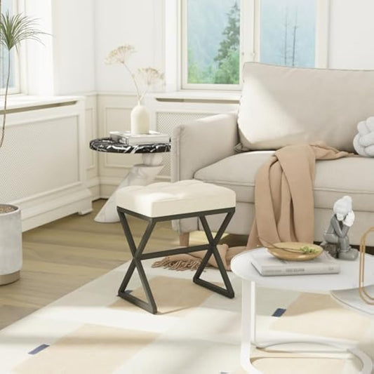 YMYNY Vanity Stool, Linen Footrest Stool, Square Ottoman Bench with X-Shaped Metal Legs, Makeup Dressing Stool for Vanity, Living Room, Bedroom, Entryway, Hallways 40×30×46CM Beige HBD033Y