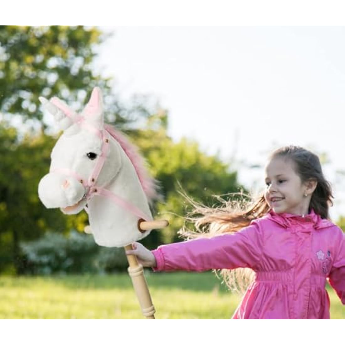 BEJOY Hobby Horse, Stick Horse with Wood Wheels - Real Pony Neighing Galloping Sounds - Plush Unicorn Toy Gift for Kids - White, 36 inches (AA Batteries Required)