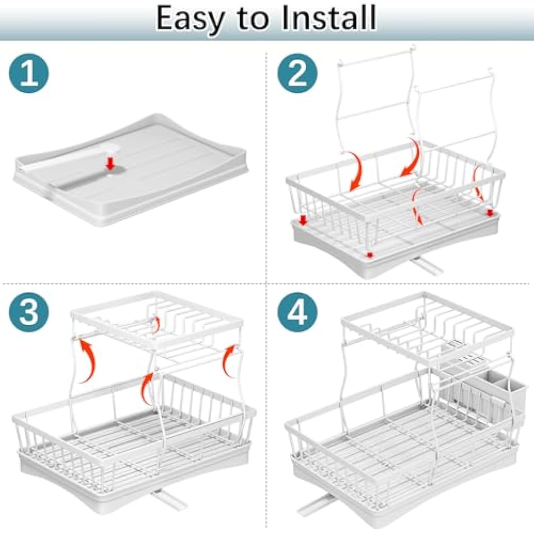 StowBin 2 Tier Dish Drainer Rack for Kitchen Counter - Space-Saving Dish Rack with Utensil Holder, Large Capacity Dish Drying Rack with Draining Board, White