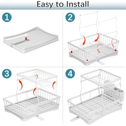StowBin 2 Tier Dish Drainer Rack for Kitchen Counter - Space-Saving Dish Rack with Utensil Holder, Large Capacity Dish Drying Rack with Draining Board, White