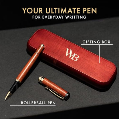 Wordsworth and Black Rollerball Pen-Stunning Luxury Pen Bamboo Rosewood Gold Finish, Refillable, Best Roller Ball Gift Set Pen for Men & Women, Ink Refill, Point Office Pens for Writing
