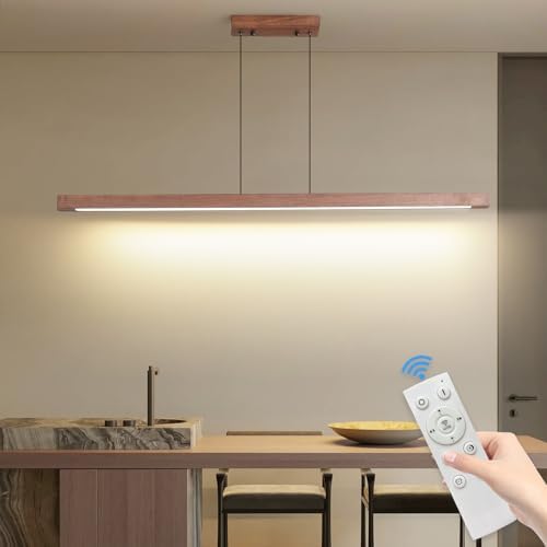 Mikeru Walnut Pendant Light, 100cm Dimmable Hanging Ceiling Lighting 10% to 100% Remote Control Wood Chandelier 3000K/4500K/6500K Modern Kitchen Island Lights for Living Room, Conference Room
