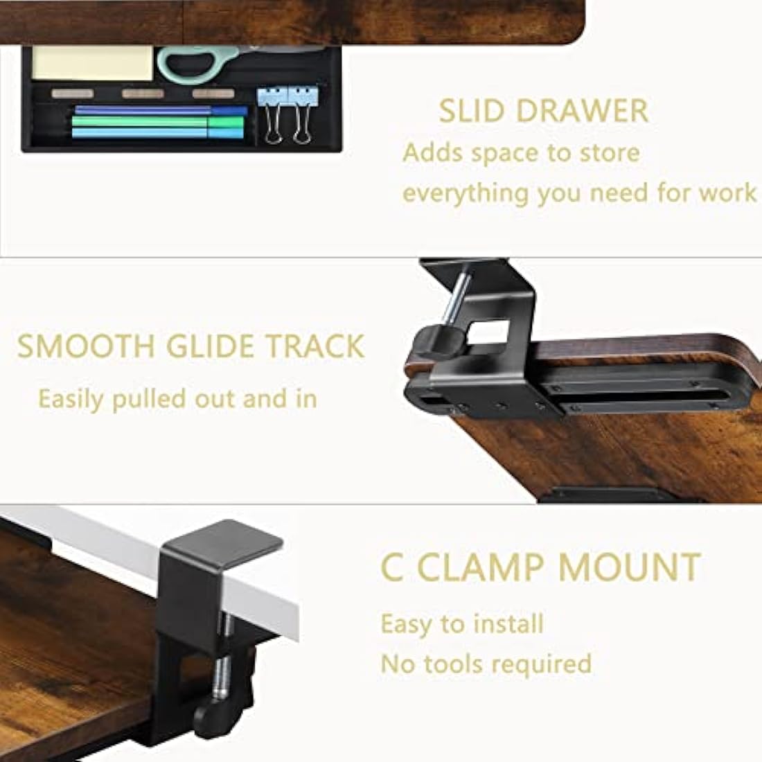 ETHU Under Desk Keyboard Tray, 68x30cm Ergonomic Pull-out Tray with C-Clamp Large Size Keyboard Tray Mount Easy to Install, Computer Keyboard Stand for Home and Office（Walnut）