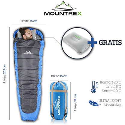 MOUNTREX® Sleeping Bag - Ultralight & Compact (850 g) - Outdoor Summer Sleeping Bag - Mummy Sleeping Bag (205 x 75 cm) - Small Pack Size and Lightweight - for Teenagers and Adults + Bonus Travel