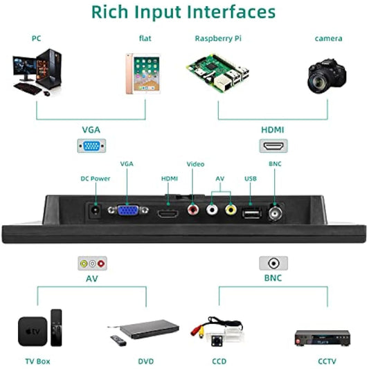 AISHICHEN CCTV Monitor - 10.1 inch, Mini, 1024X600, 60Hz, 5ms, Built-in Speakers, Portable w/VGA/AV/HDMI/BNC/USB Input, Raspberry Pi Monitor w/Remote Control