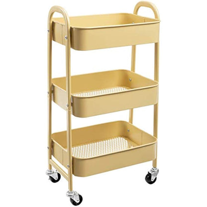 DOEWORKS Storage Trolley on Wheels 3-Tier Metal Storage Cart Rolling Kitchen Trolley Beauty Trolleys Craft Trolleys Utility Cart for Room Bathroom Office, Khaki Yellow