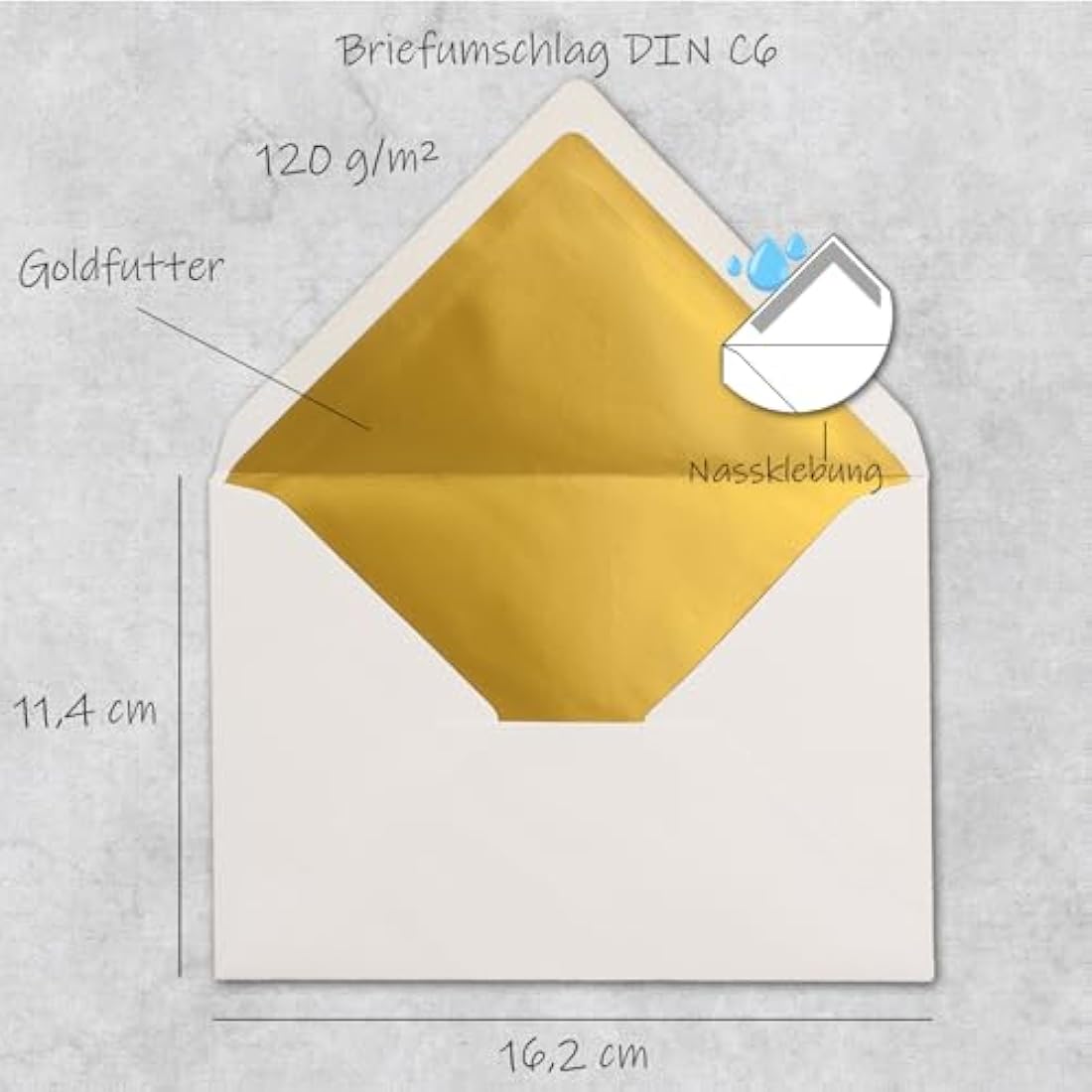 C6 Envelopes, White with Metallic Gold Lining, Thick Quality – Very Stable – 120 g/m², 114 mm x 162 mm, Gummed Edges - From the FarbenFroh Series by Neuser 100 Umschläge white/gold