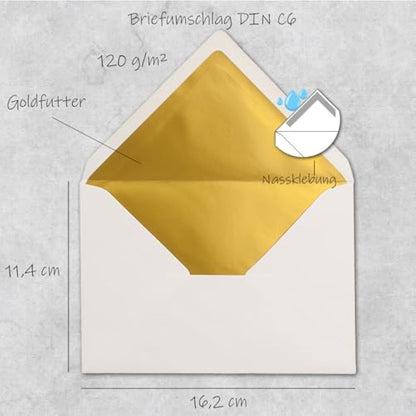 C6 Envelopes, White with Metallic Gold Lining, Thick Quality – Very Stable – 120 g/m², 114 mm x 162 mm, Gummed Edges - From the FarbenFroh Series by Neuser 100 Umschläge white/gold