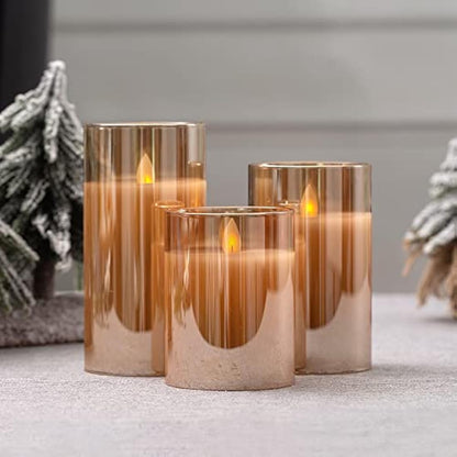 Led Flameless Candles, Battery Operated Flickering Candles Pillar Real Wax Moving Flame Electric Candle Sets Gold Glass Effect with Remote Timer, 4 in, 5 in, 6 in, Pack of 3 (Brown Glass)