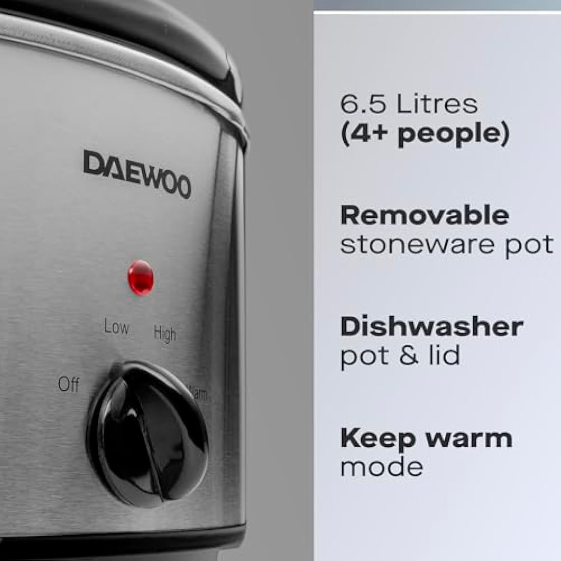 Daewoo 6.5L Slow Cooker – Large Family Size Electric Cooker with Removable Ceramic Pot & Glass Lid, 3 Heat Settings (Low, High, Keep Warm), Energy Efficient, Ideal for Stews & Curries, Black