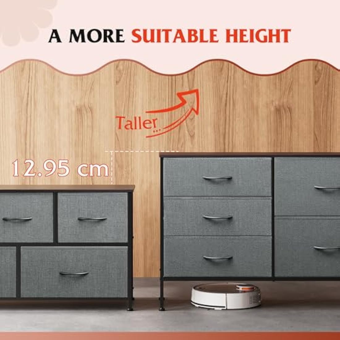 WLIVE Chest of Drawers, 5 Fabric Drawers Cabinet with Easy Pull Handle, Wood Top and Sturdy Steel Frame, Fabric Drawers Storage Unit for Bedroom, Living Room, Black Walnut