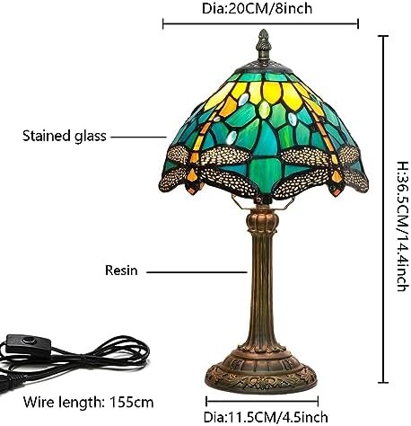 Blivuself Tiffany Style Stained Glass Table Lamp Dragonfly Green Yellow Bedroom Bedside Reading Desk Light for Office Dormitory Bar Restaurant Decorate Retro Unique Cute Small Night Light Gift 8 inch