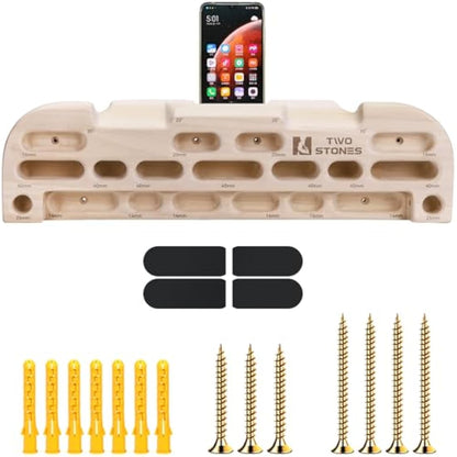 TWO STONES Climbing Hangboard Rock Climbing Training as Climbing Fingerboard with Jugs, Slopes and Edges, Pockets and Phone Holder CJ-HB2049