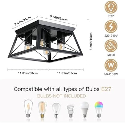 FORCOSO 4-Light Ceiling Lights - Black Industrial Ceiling Light E27 Modern Flush Mount Ceiling Lamp LED Metal Vintage Ceiling Light Fixture for Living Room Bedroom Kitchen - NO Bulb