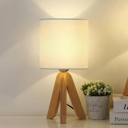 UOMIO Wooden Tripod Lamps Set of 2 Tripod Table Lamps with Wooden Base and Fabric Shade Lights Small Bedside Lamps for Warm Atmosphere Bed Room Living Room Decoration