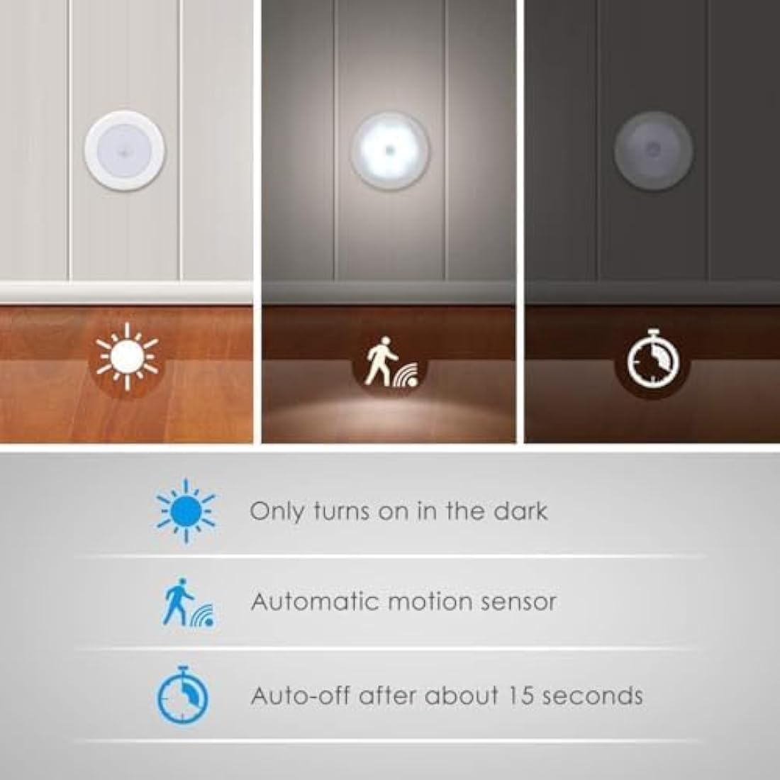 AMIR Motion Sensor Light, 3 Pack Stick-On Cabinet Night Light, Battery Powered Stair Lights with Adhesive Pads, Under Cabinet Lights for Wardrobe, Cupboard, Closet, Hallway, Kitchen, Stairs, White