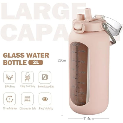BLUEGO 2000ml Borosilicate Glass Water Bottle with Stainless Handle and Time Marker 2L Drinking Bottle with Silicone Sleeve and Straw for Gym Office Outdoor Sports Water Bottles BPA Free, Amber