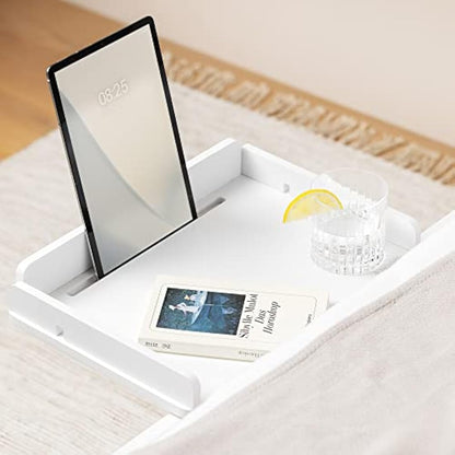 Navaris Clip-on Bedside Shelf - Clamping Hanging Bamboo Shelf for Bed Frame - Small Bed-Side Table Tray for Books, Phones, Chargers - White Finish