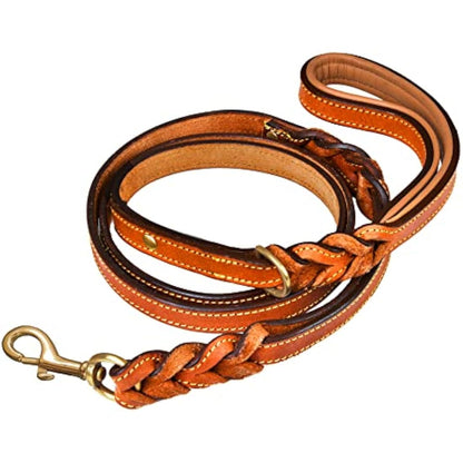 DowgClub | 6' Genuine Leather Dog Leash | Heavy Duty, Handmade, Braided, Strong | Medium, Large, X-L Dogs | Dual Handle Design D Ring | Padded & Traffic | Black, Brown, Cherry, Tan (6 feet, Tan))