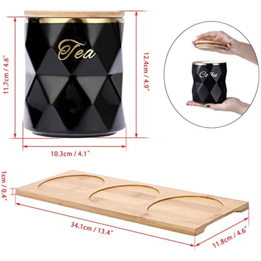BTSKY Black Ceramic Sugar Coffee Tea Canisters with Lid and Tray - Airtight Set of 3 Storage Canisters Food Storage Containers Pots Jars with Bamboo Lid for Kitchen Counter