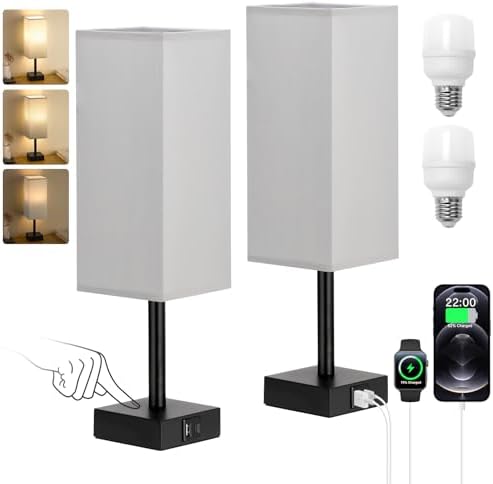 Aooshine Grey Bedside Lamps Set of 2, 3-Way Dimmable Table Lamp with USB-C+A Charging Ports,Lamps for Bedroom with Grey Linen Fabric Shade(Bulbs Included)