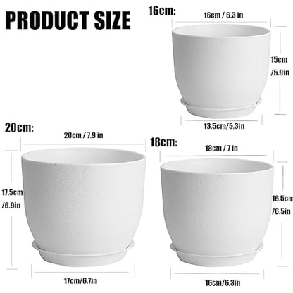 PROFIKLA 20cm, 18cm, 16cm Plastic Plant Pots, Plant Pots with Drainage Holes and Saucers, A Set of 3 Flower Pots, Modern Decorative Planters, White