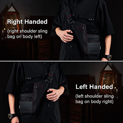 TACTICAL_GEEK Cache L1 Sling Shoulder Bag, Lightweight Multipurpose Daypack, Chest Backpack Casual Shoulder Crossbody for Daily Carry, Outdoor Sports, Hiking, Camping, Trekking, Black Red& Left