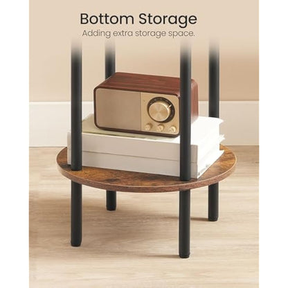 CHOEZON Round Side Table, 2-Tier End Table, Small Round Nightstand with Sturdy Metal Tube, Industrial Coffee Table, for Living Room, Bedroom, Rustic Brown and Black DTBZ01BF