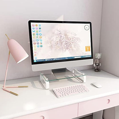 Hemudu Clear Computer Monitor Stand Riser Multi Media Desktop Stand for Flat Screen LCD LED TV, Laptop/Notebook, with Tempered Glass and Metal Legs, HD02T-001P