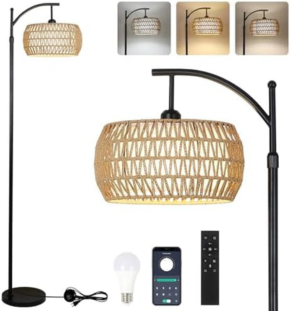 Rayofly Arc Floor Lamp for Living Room, Dimmable Floor Lamps with Remote Control, Boho Standing Lamp with Rattan & Linen Double Shades, Black Reading Tall Lamp for Bedroom Office, 9W LED Bulb Included