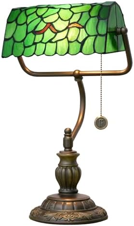 Blivuself Tiffany Style Green Bankers Desk Lamp Stained Glass Lamps Tree Leaf Vintage Bedroom Bedside Study Pull Chain Reading Desk Light Retro Office Led Adjustable Nightstand Antique Accent Deskla