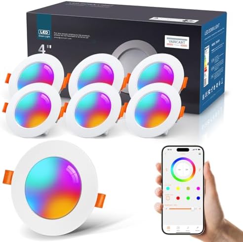VARICART Smart LED Downlights for Ceiling Alexa, 10W Bluetooth RGB Colour Changing Spot Lights 2700K-6000K, Dimmable Recessed Ceiling Lights, APP Control for Living Room Bedroom Kitchen, 6 Pcs