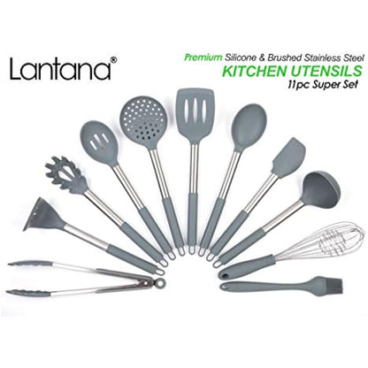 Lantana Premium 11pc Silicone Kitchen Utensil Set for Cooking and Baking in Sleek Grey and Brushed Stainless Steel. Includes; Tongs, Whisk, Spatula, Ladle, Potato Masher and More.