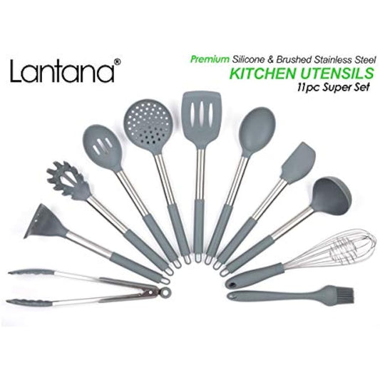 Lantana Premium 11pc Silicone Kitchen Utensil Set for Cooking and Baking in Sleek Grey and Brushed Stainless Steel. Includes; Tongs, Whisk, Spatula, Ladle, Potato Masher and More.