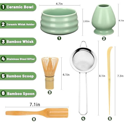 Geebuzz Matcha Whisk Set - Matcha Bowl and Bamboo Matcha Whisk, Scoop, Spoon, Sifter, Whisk Holder, 6pcs Perfect Matcha Starter Kit for Matcha Tea Ceremony (Green)