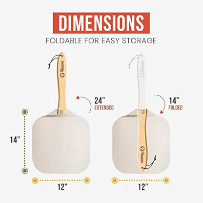 Chef Pomodoro Pizza Peel, Pizza Paddle with Safety Backstep and Foldable Wood Handle for Easy Storage, Metal Pizza Peel for Baking Homemade Pizza (30.5 x 35.6 cm + 35.5 Cutter)
