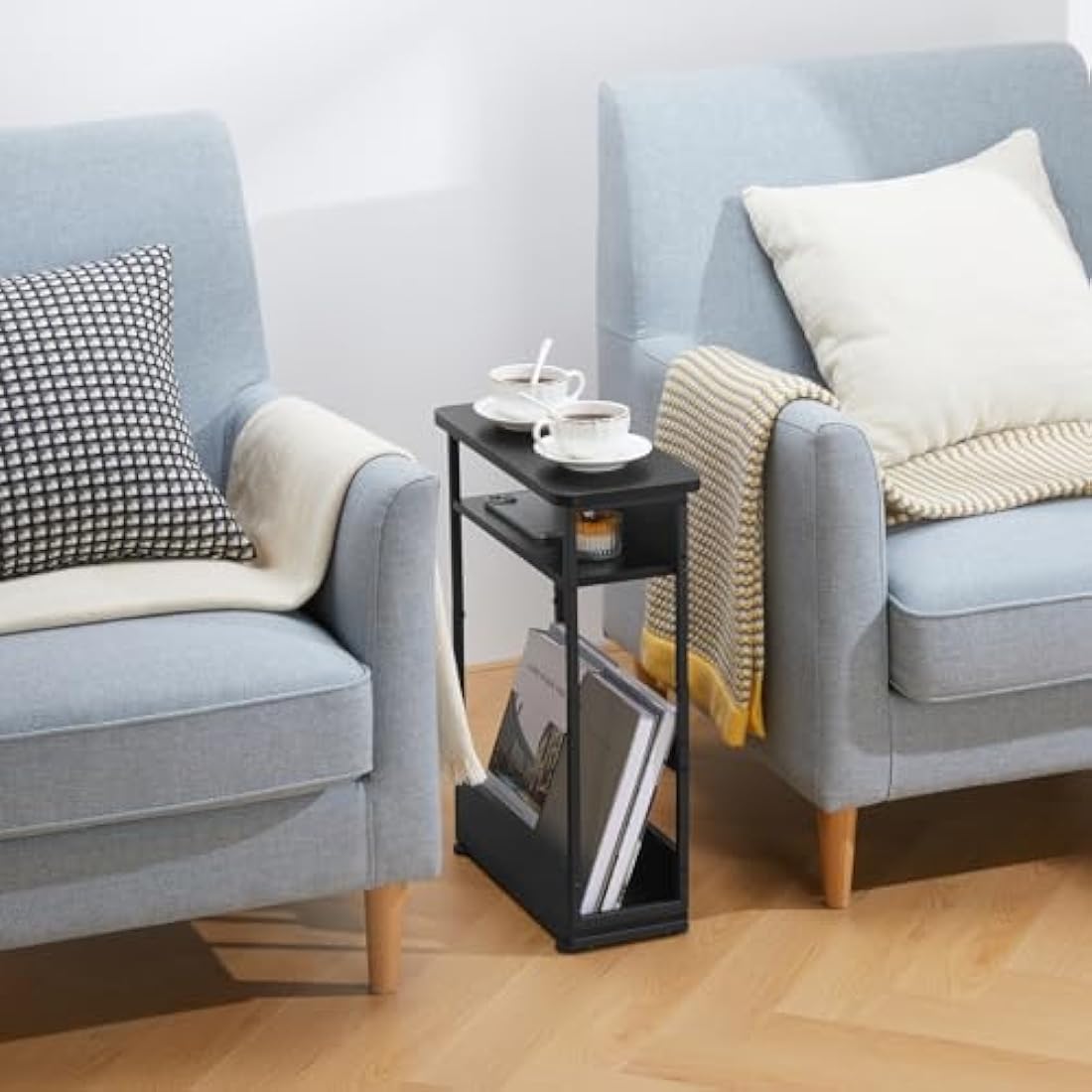 YEAKOO Narrow Side Table for Narrow and Small Spaces, Skinny Bedside Table Small Nightstand with Magazine Rack Space Saving (Black, M)