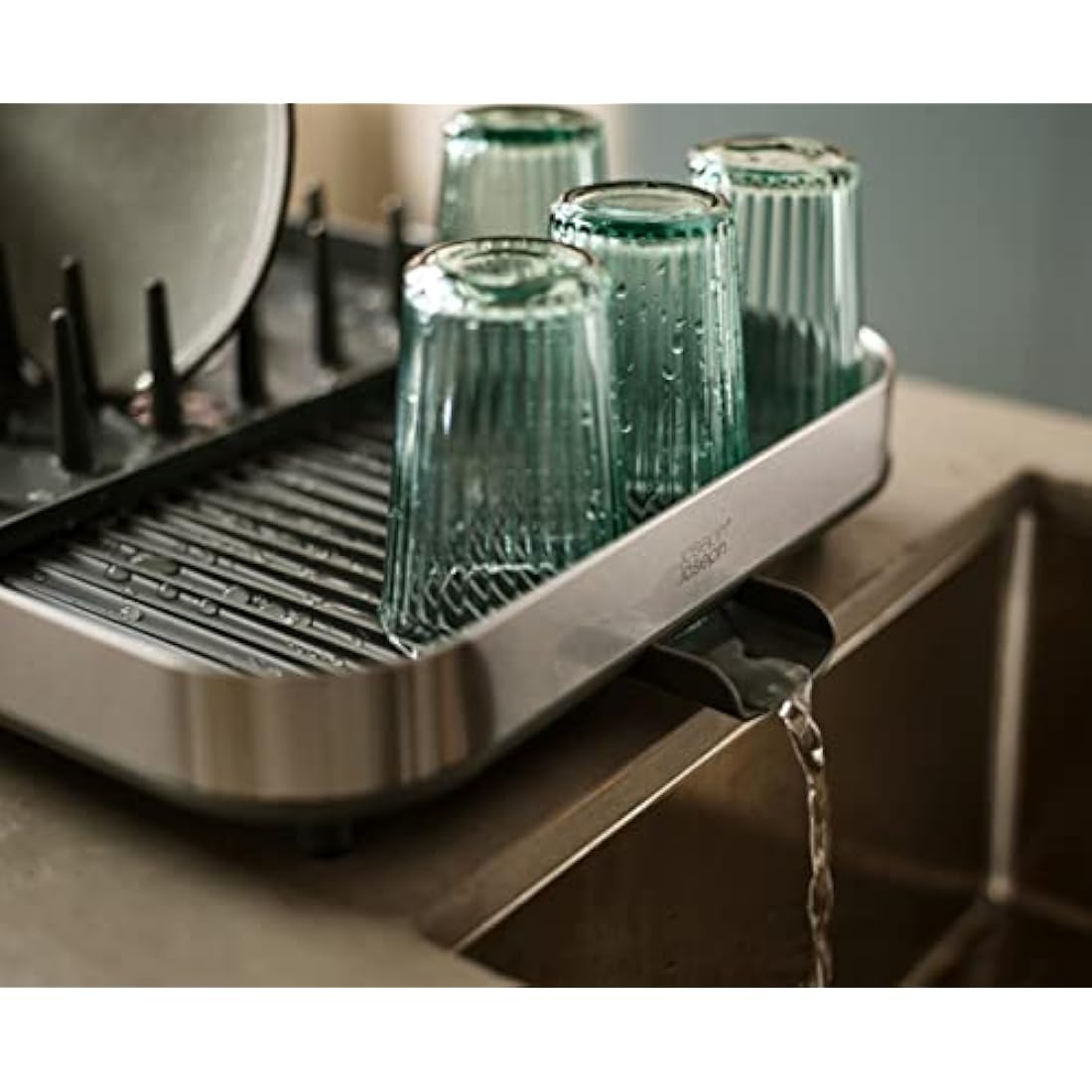 Joseph Joseph Duo Expanding Dish Drainer Rack with Removable Cutlery Holder, Draining Spout, Stainless-steel/Grey