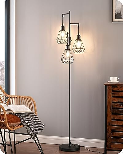 EDISHINE Industrial Floor Lamp with 3 LED Bulbs, Diamond Cage Lampshade, Dimmable Standing Lamp for Living Room, Bedroom, Office, E27 Sockets