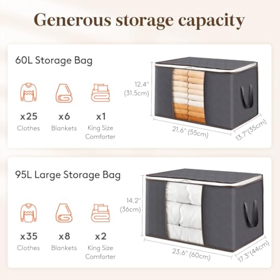 Lifewit 95L Clothes Storage Bags Large Storage Box With Lid Packing Boxes for Moving House With Reinforced Handle Thick Fabric Clear Window for Clothes Duvet Blankets Bedding, 8 Pack, Grey