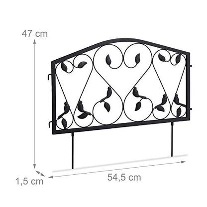 Relaxdays Garden Edging, 4 Piece Set, HxW: 33 x 225 cm, Flowerbed Border Fence, Push-In, Iron, Leaf Design, Black