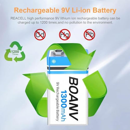 6 Pack 9V Rechargeable Batteries 1300mAh, 9V Rechargeable USB Lithium Long Lasting Battery, with 2 in 1 Charging Cable, for Smoke Detectors, Alarms, Keypad, Microphone