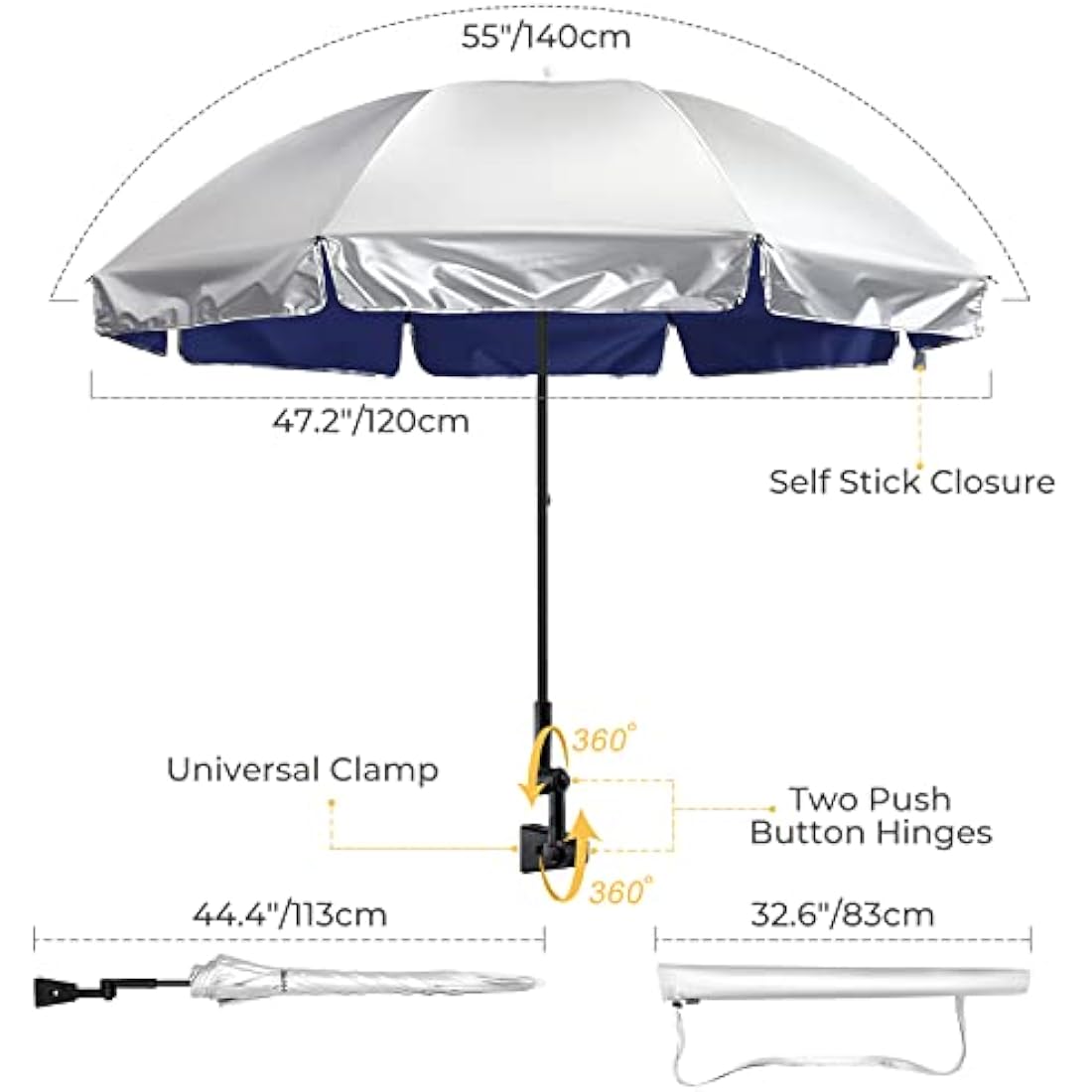 G4Free UPF 50+ Universal Clamp On Umbrella Adjustable Outdoor UV Protection Beach Chair Umbrella for Strollers, Wheelchairs, Patio Chairs, Golf Carts and Beach