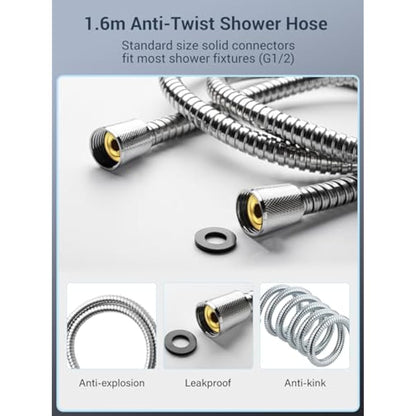 Shower Head and Hose 1.6M with Filter - YEAUPE PRO Square High Pressure Bathroom Shower Heads 6 Jet Modes,Large Powerful Flow Rain Showerhead for Low Pressure Hard Water Filter Shower Head