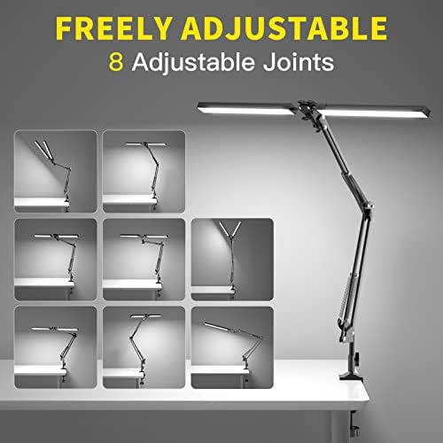 CHICLEW LED Desk Lamp for Home Office, 24W Swing Arm Double-Head Table Lamps, 3 Colors Lighting & Stepless Dimming Architect Reading Desk Light, Adjustable Eye-Caring Clamp Light for Study Work