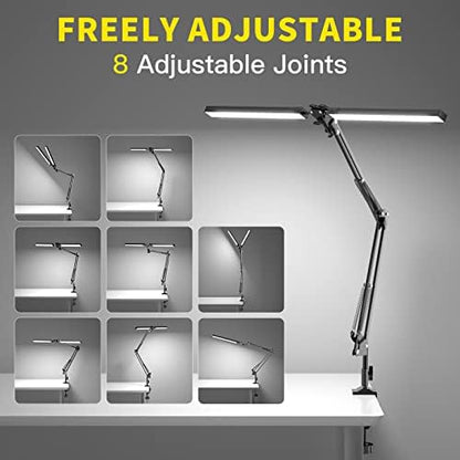 CHICLEW LED Desk Lamp for Home Office, 24W Swing Arm Double-Head Table Lamps, 3 Colors Lighting & Stepless Dimming Architect Reading Desk Light, Adjustable Eye-Caring Clamp Light for Study Work