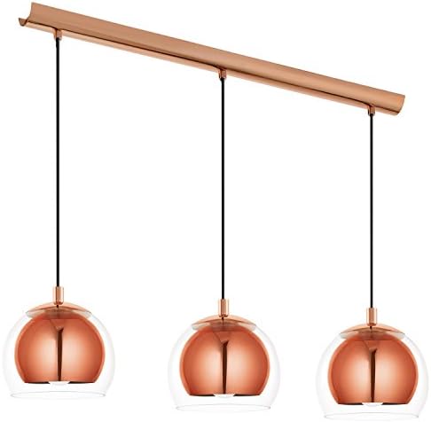 EGLO Ceiling Light Fitting Rocamar with 3 lampshades, Pendant Lighting Made of Copper-Coloured Steel and Clear Glass, Hanging lamp for Dining Table and Living Room, E27 Socket