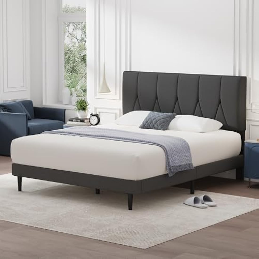 Yocreat King Bed Frame, Dark Grey, Upholstered Wooden Slat Bed Frame with Headboard, Easy Assembly, Underbed Storage, No Box Spring Needed 150×200